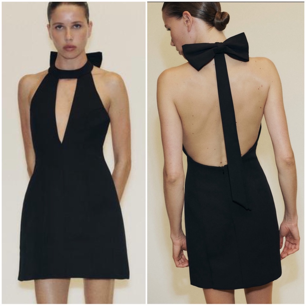 ZARA Women’s Size S Black Halter Mini Dress Open Bow Back Cocktail LBD Party